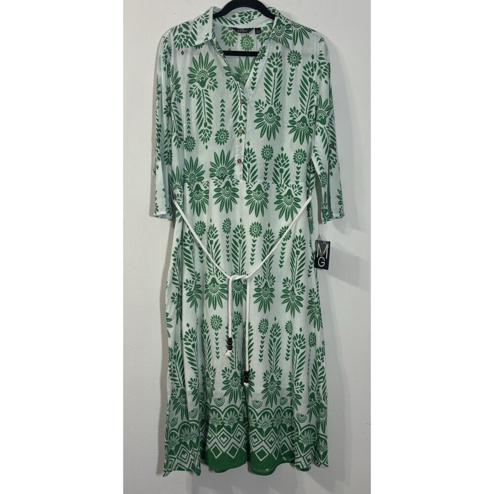 NWT Mlle Gabrielle Shirt Dress Large Green White Floral Botanical Cotton Maxi